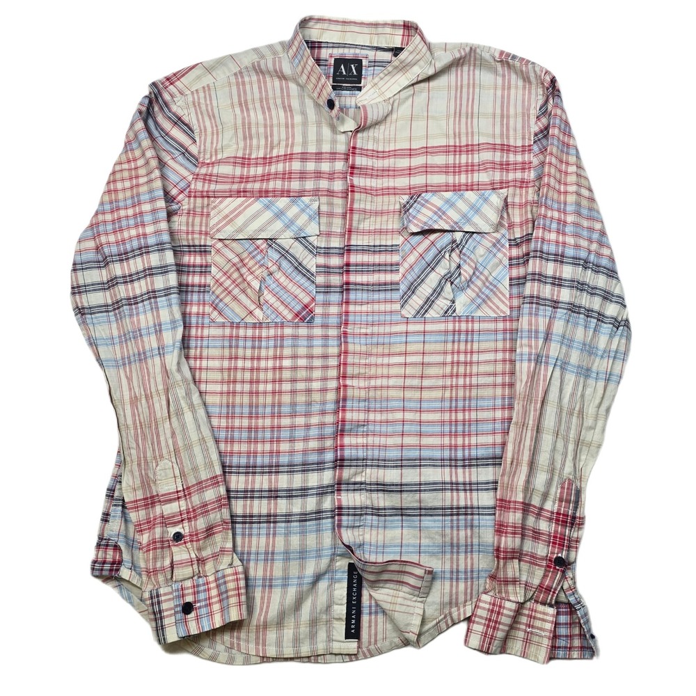 Armani Exchange AX Plaid Shirt‎ Mens Medium Multi Patchwork Poplin Fitted Casual